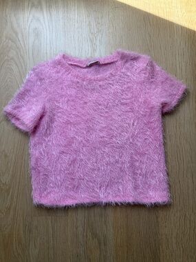 Zara Fuzzy Pink Short-Sleeve Knit Top
